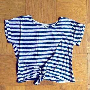 Frame cotton/linen blend relaxed fit tie front blue/white striped t-shirt XS EUC